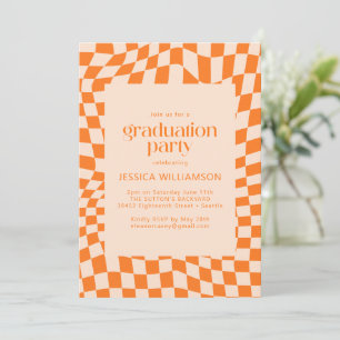 Retro Orange Abstract Checker Modern Graduation Invitation