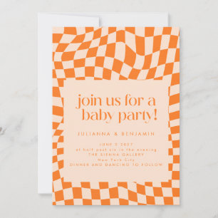 Retro Orange Abstract Checkerboard Baby Invitation