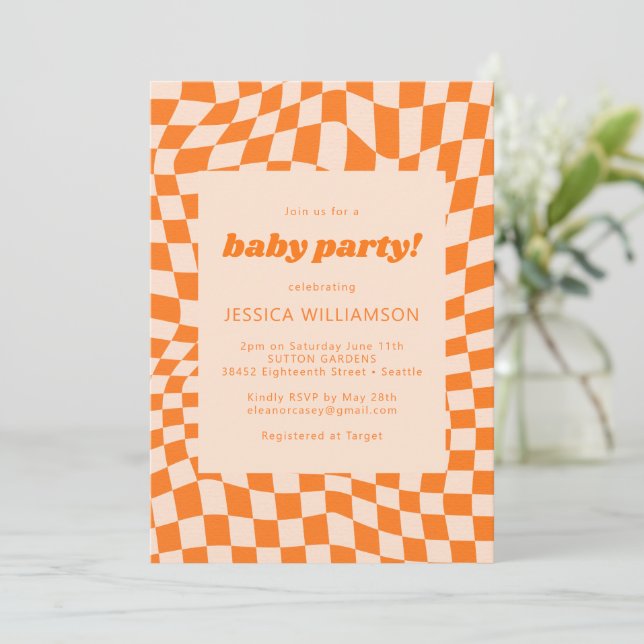 Retro Orange Abstract Checkerboard Baby Party Invitation (Standing Front)
