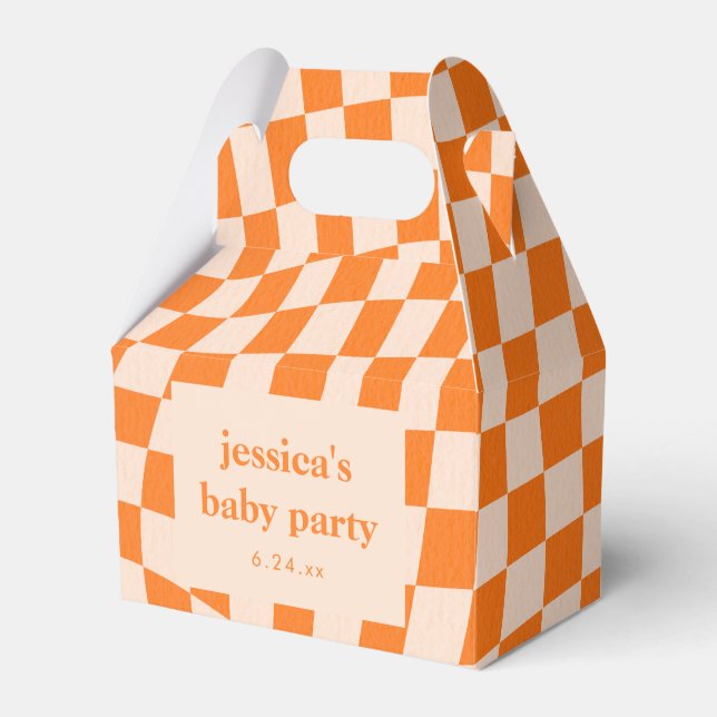 Retro Orange Abstract Checkerboard Baby Shower Favor Boxes (Front Side)
