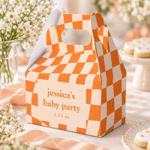 Retro Orange Abstract Checkerboard Baby Shower Favor Boxes