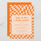 Retro Orange Abstract Checkerboard Baby Shower Invitation (Front/Back)