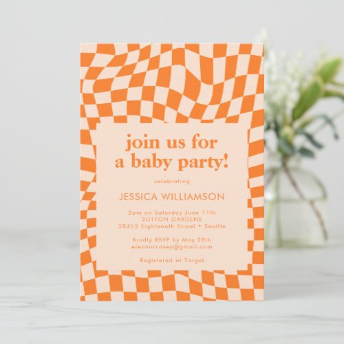 Retro Orange Abstract Checkerboard Baby Shower Invitation