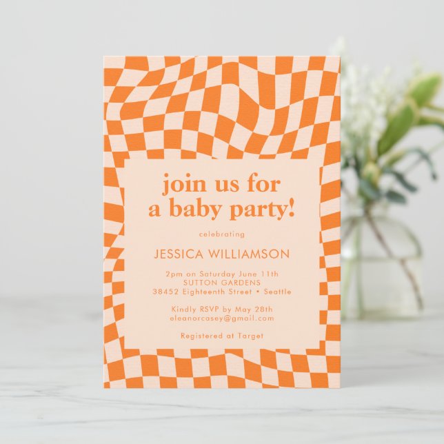 Retro Orange Abstract Checkerboard Baby Shower Invitation (Standing Front)