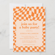 Retro Orange Abstract Checkerboard Baby Shower Invitation