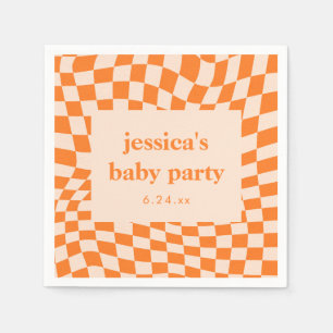 Retro Orange Abstract Checkerboard Baby Shower Napkins