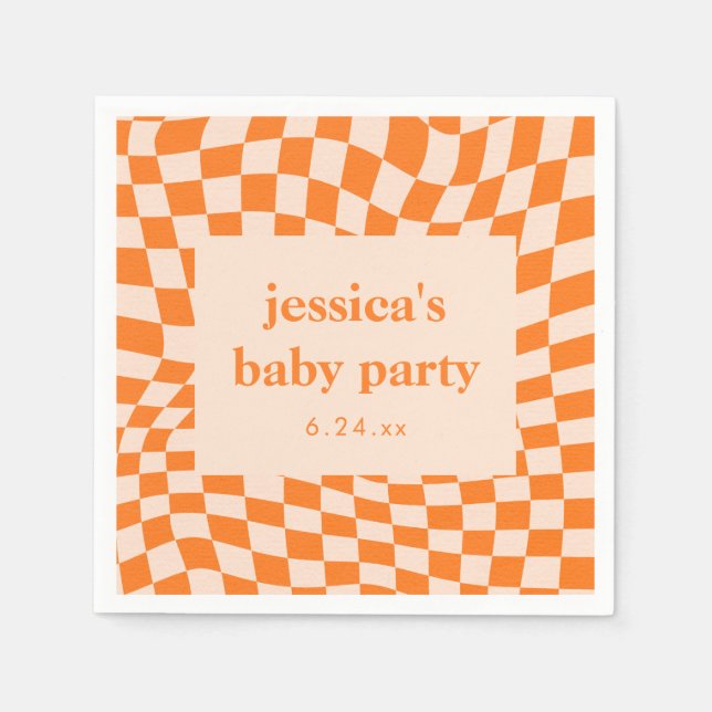 Retro Orange Abstract Checkerboard Baby Shower Napkins (Front)