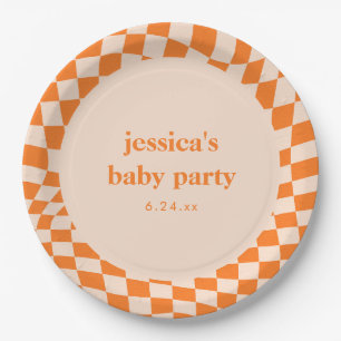 Retro Orange Abstract Checkerboard Baby Shower Paper Plates