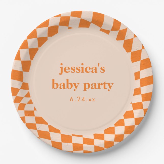 Retro Orange Abstract Checkerboard Baby Shower Paper Plates (Front)