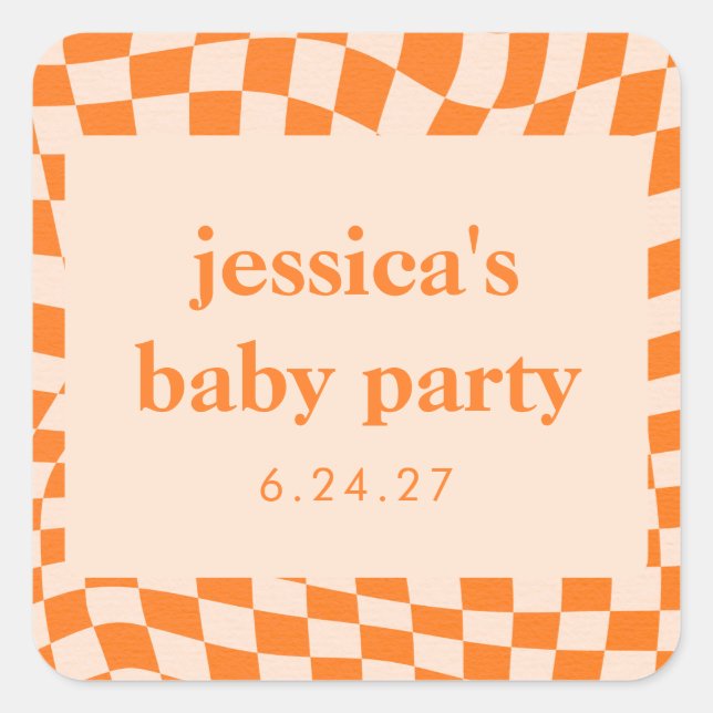 Retro Orange Abstract Checkerboard Baby Shower Square Sticker (Front)