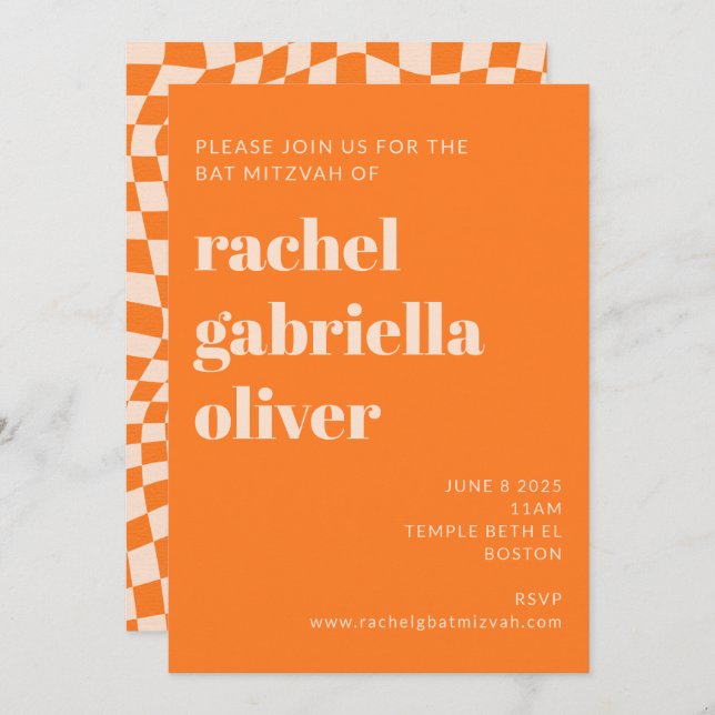 Retro Orange Abstract Checkerboard Bat Mitzvah  Invitation (Front/Back)