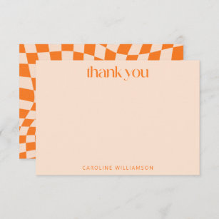 Retro Orange Abstract Checkerboard Personalized Thank You Card
