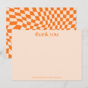 Retro Orange Abstract Checkerboard Wedding Custom Thank You Card