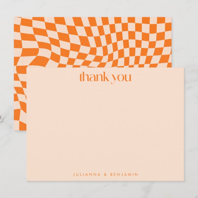 Retro Orange Abstract Checkerboard Wedding Custom Thank You Card (Front/Back)