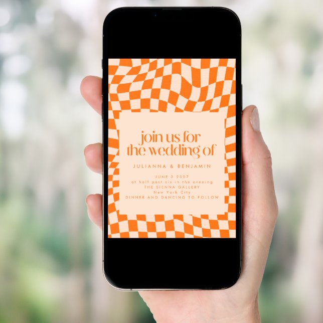 Retro Orange Abstract Checkerboard Wedding Website Invitation (Front Digital)