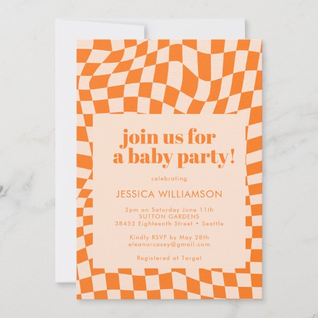 Retro Orange Abstract Geometric Checker Baby Invitation (Front)