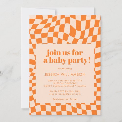 Retro Orange Abstract Geometric Checker Baby Invitation