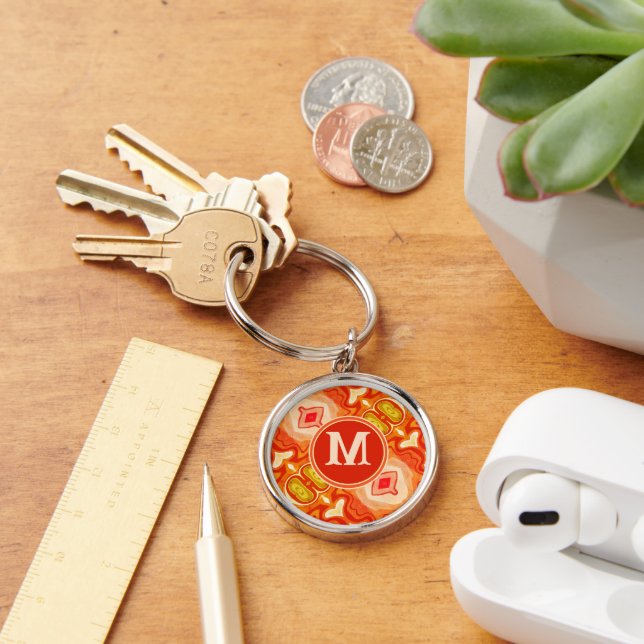 Retro Orange Abstract Tie-Dyed Monogram Initial Keychain (Desk)