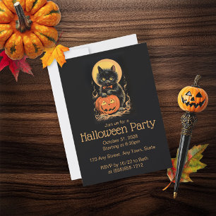 Retro Orange and Black Cat Halloween Invitation