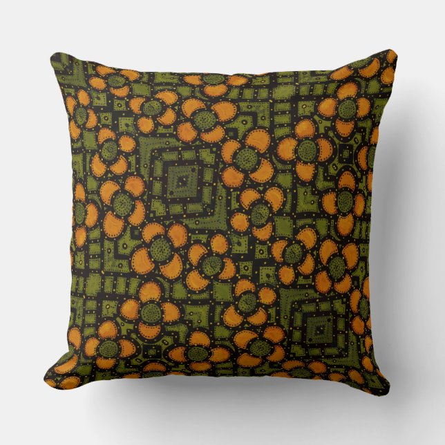 Retro Orange And Green Floral Pattern Throw Pillow (Front)