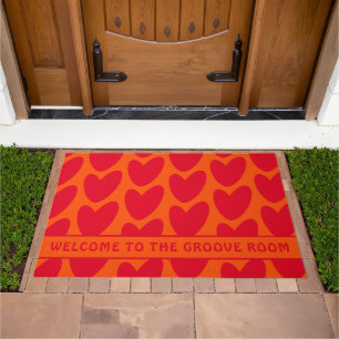 Retro Orange and Groovy Red Hearts Doormat
