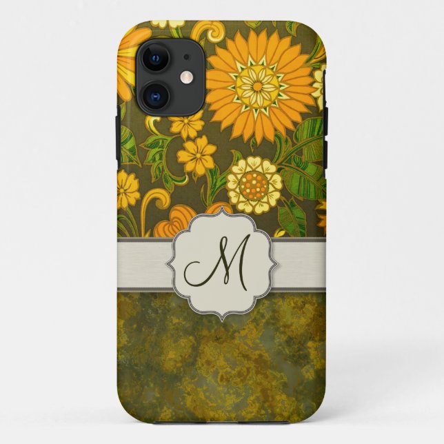 Retro Orange and Olive Jungle Floral with Monogram Case-Mate iPhone Case (Back)