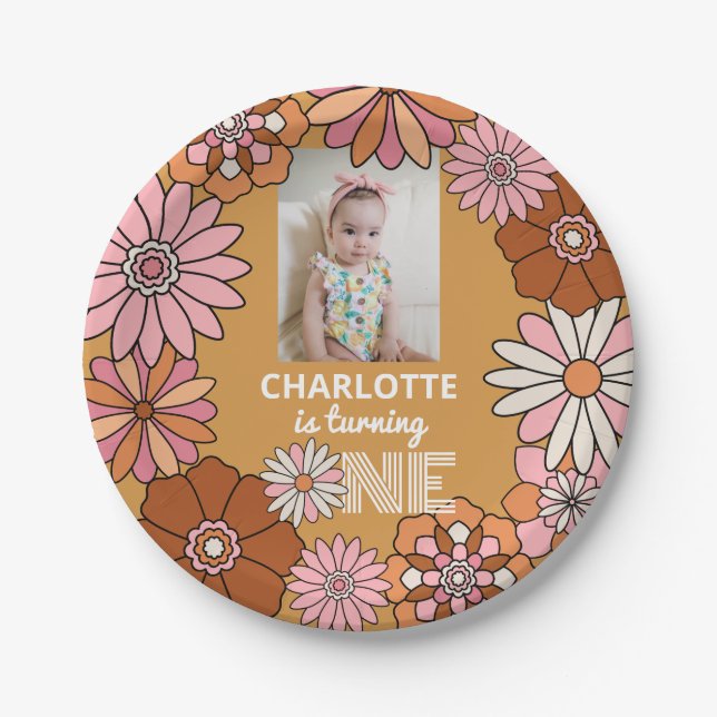 Retro Orange and Pink Daisy First Birthday  Paper Plates (Front)