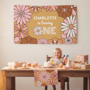 Retro Orange and Pink Floral Daisy First Birthday Banner