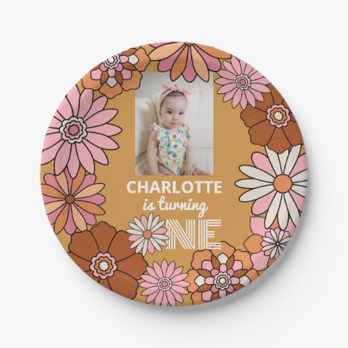 Retro Orange and Pink Floral Daisy First Birthday  Paper Plates