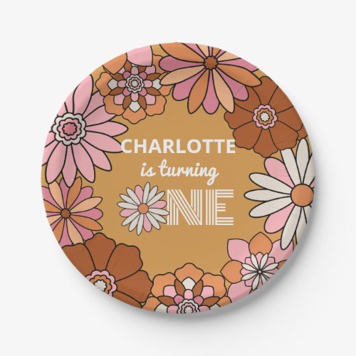 Retro Orange and Pink Floral Daisy First Birthday Paper Plates