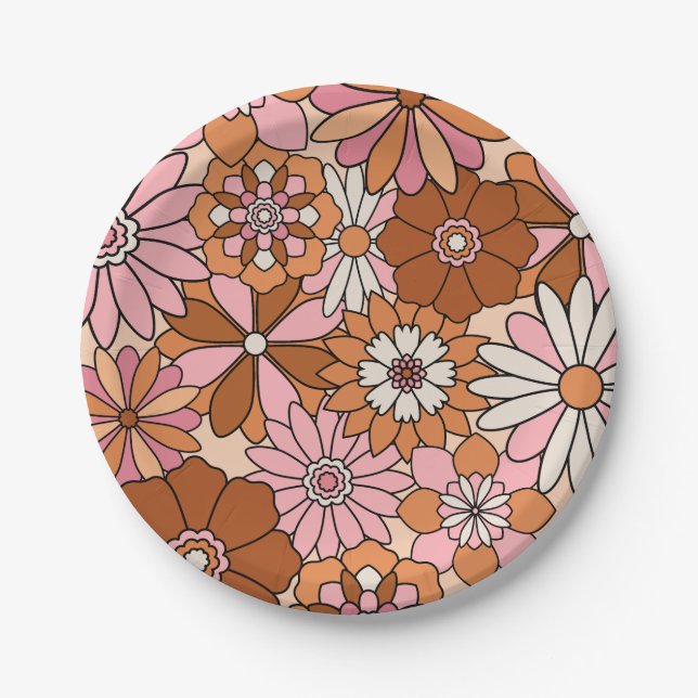 Retro Orange and Pink Floral Daisy Paper Plates (Front)