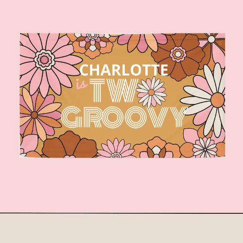 Retro Orange and Pink Floral Two Groovy Birthday Banner
