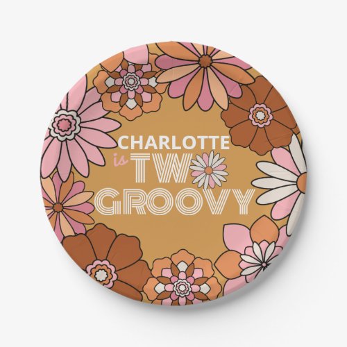 Retro Orange and Pink Floral Two Groovy Birthday Paper Plates