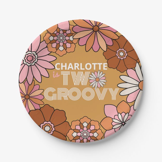 Retro Orange and Pink Floral Two Groovy Birthday Paper Plates (Front)