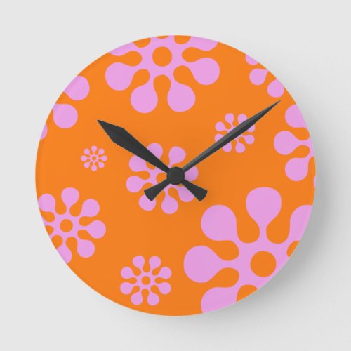 Retro Orange And Pink Floral Wall Clock