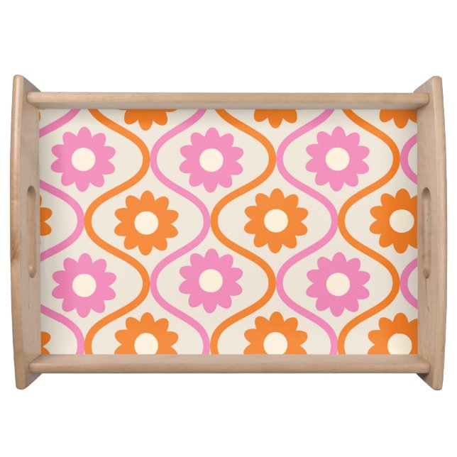 Retro Orange and Pink Flowers on Mid Century Ogee  Serving Tray (Front)