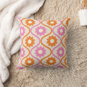 Retro Orange and Pink Flowers on Mid Century Ogee  Throw Pillow