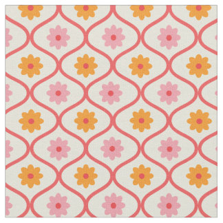 Retro Orange and Pink flowers on Ogee Pattern Fabric