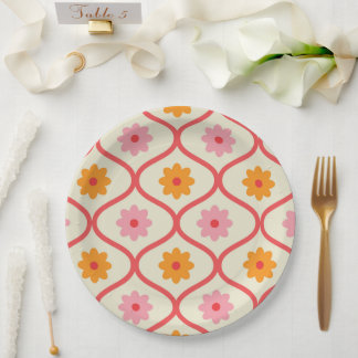 Retro Orange and Pink flowers on Ogee Pattern  Paper Plates