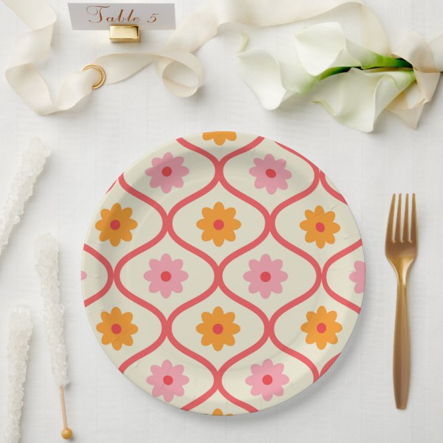 Retro Orange and Pink flowers on Ogee Pattern  Paper Plates (Wedding)