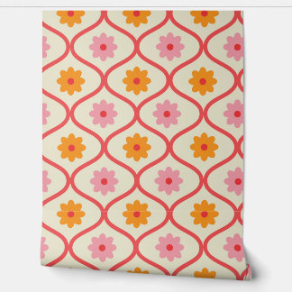 Retro Orange and Pink flowers on Ogee Pattern Wallpaper