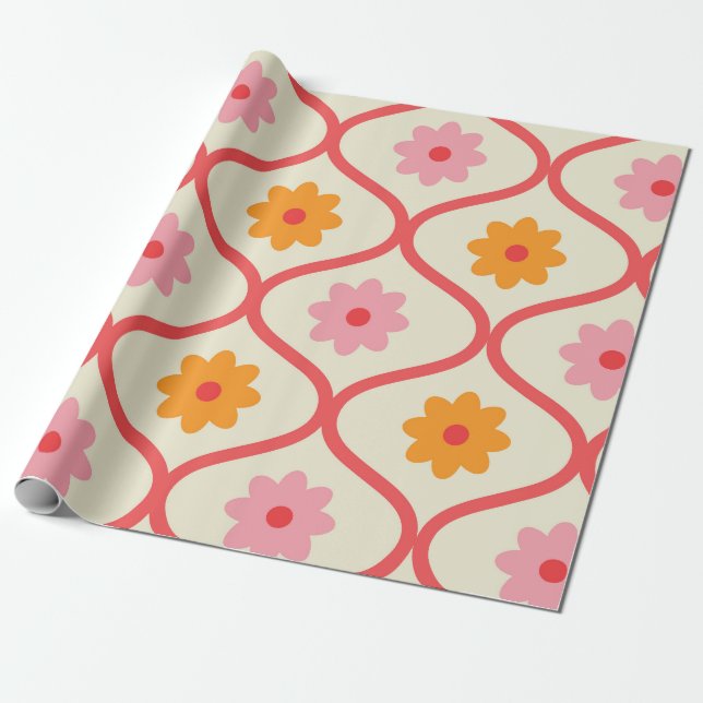 Retro Orange and Pink flowers on Ogee Pattern  Wrapping Paper (Unrolled)