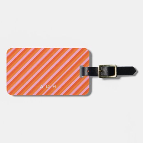 Retro Orange and Pink Striped Monogrammed Luggage Tag