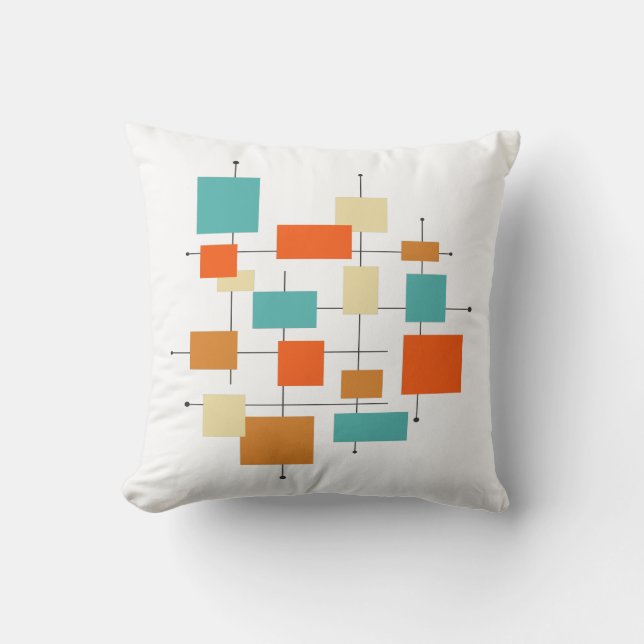 Retro Orange and Turquoise Geometric Mid Century Throw Pillow (Front)