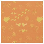 Retro orange and yellow pattern of birds, dots,  fabric