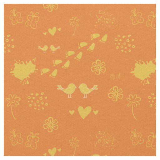 Retro orange and yellow pattern of birds, dots,  fabric