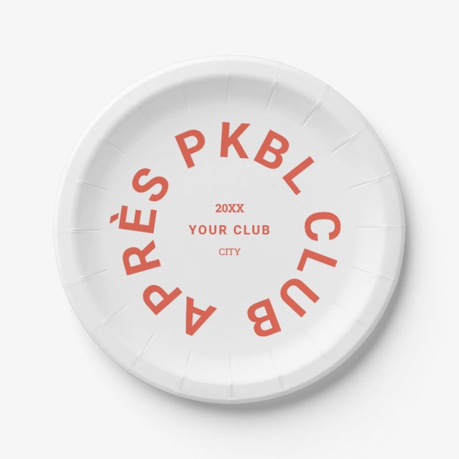 Retro Orange Après PKBL Club Crest Pickleball Paper Plates (Front)