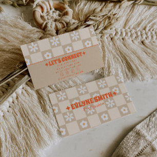 Retro Orange Beige Checkered Groovy Floral Boho  Business Card