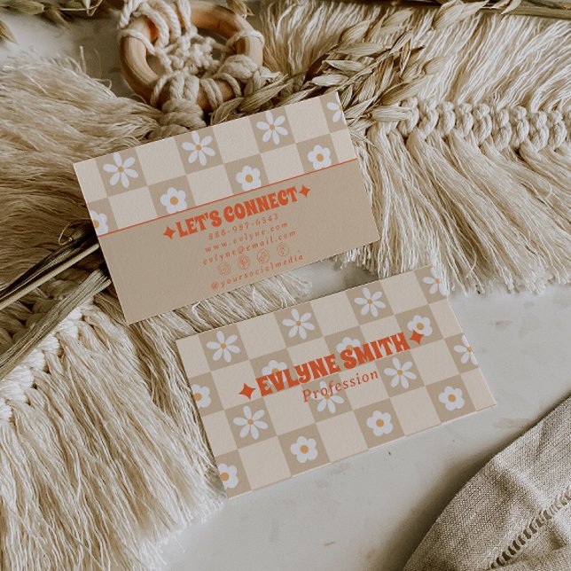 Retro Orange Beige Checkered Groovy Floral Boho  Business Card (Creator Uploaded)