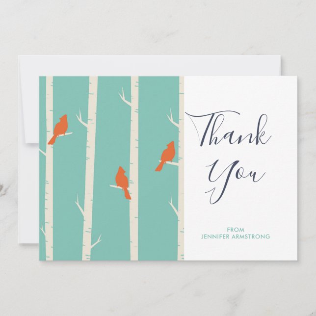 Retro Orange Birds on Birch Tree Thank You Card